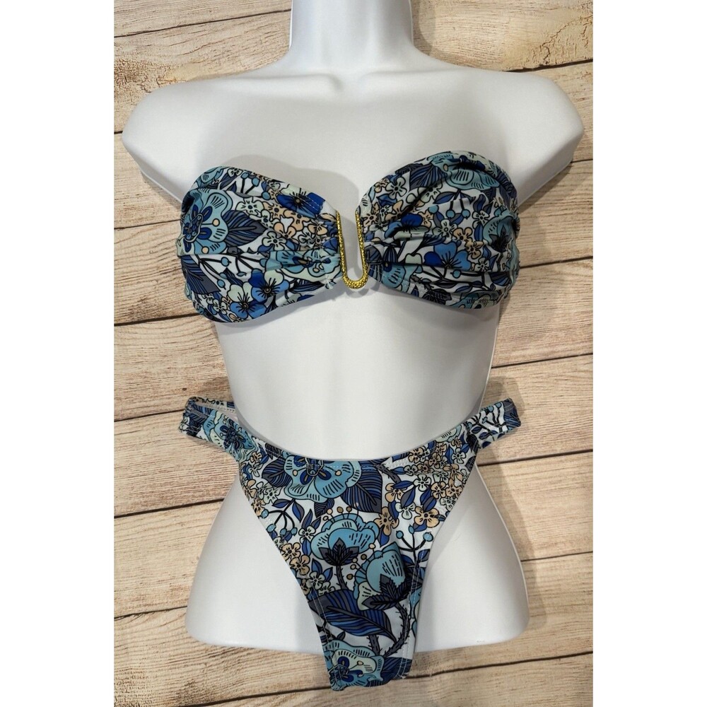 Blue Floral bandeau bikini set 2 Piece Beach Swimsuit Bathingsuit X-Small XS